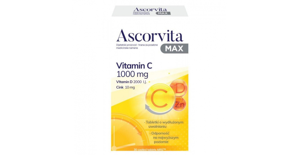 Ascorvita MAX Vitamin C 1000mg,Vitamin D 2000IU,Cink 10mg таблети за ...